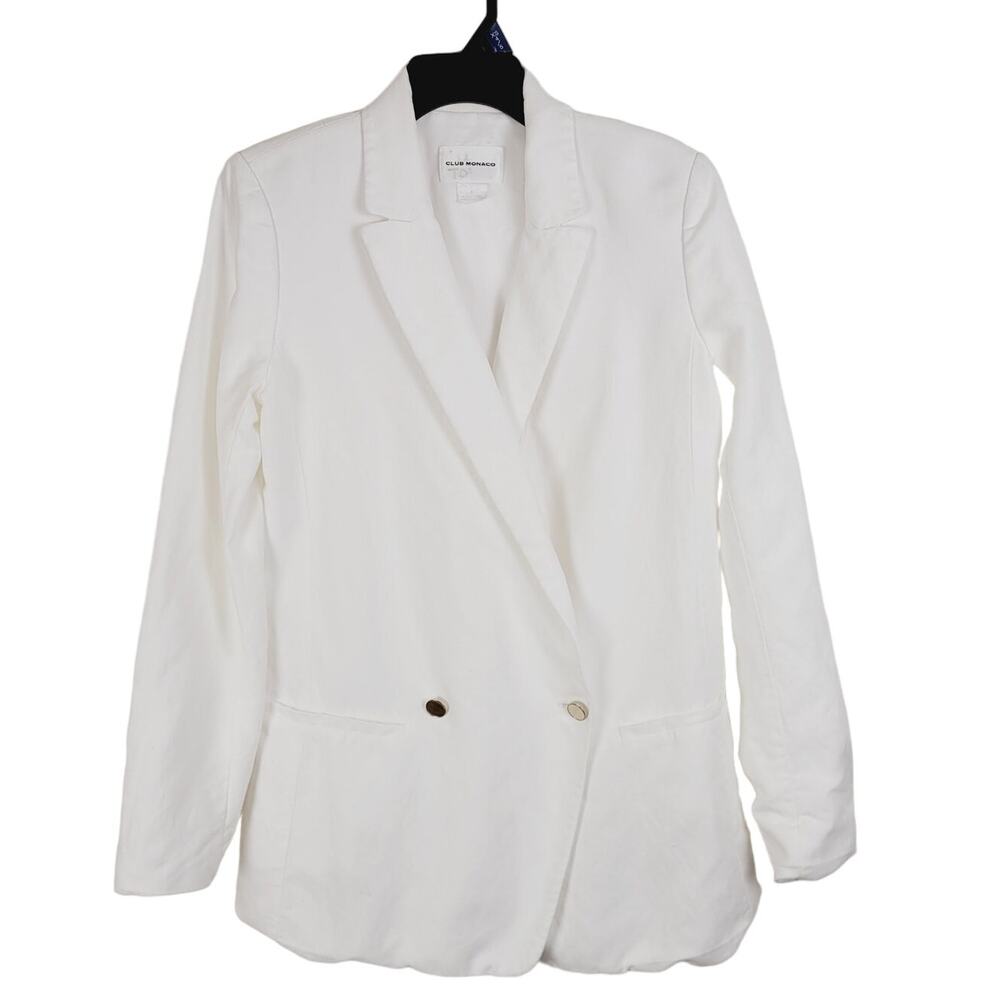 Club Monaco double breasted white linen gold button jacket Size 6 Old Money